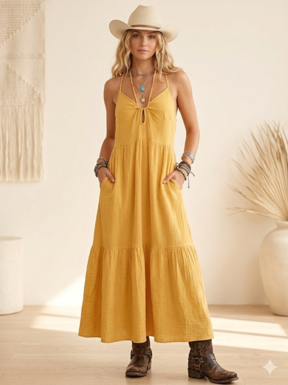 NWT Cupshe 100% Cotton Tiered Maxi Dress with Pockets - Yellow/Mustard - S
